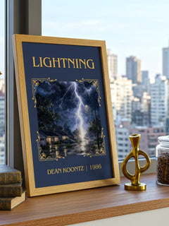 Lightning Classic Book Art Print by Dean Koontz – framed print on a city-view windowsill
