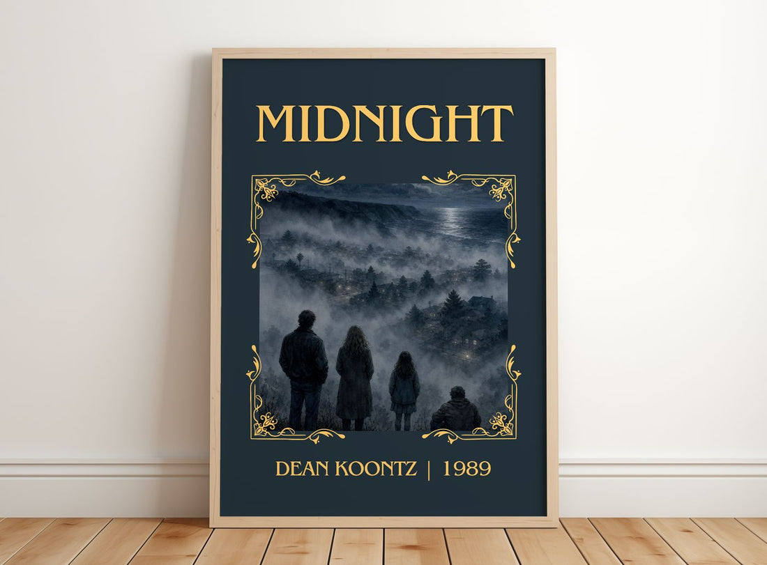 Midnight Classic Book Art Print by Dean Koontz – framed print leaning on a wooden floor
