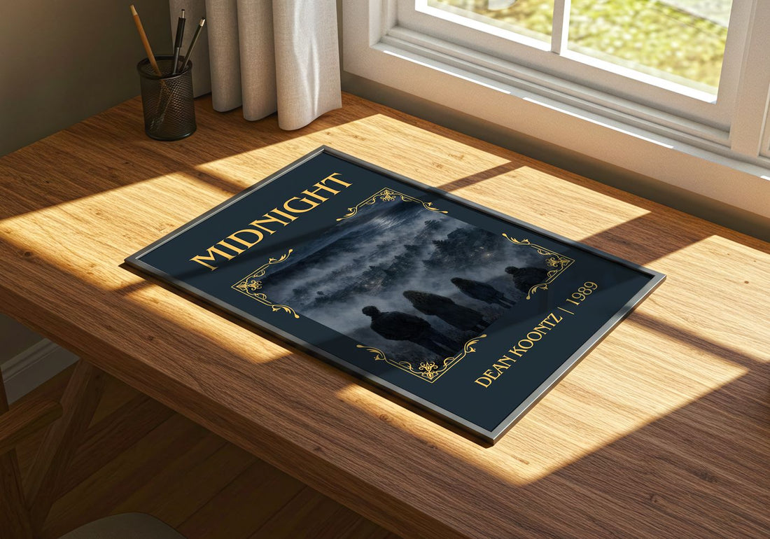 Midnight Classic Book Art Print by Dean Koontz – print on a sunlit desk