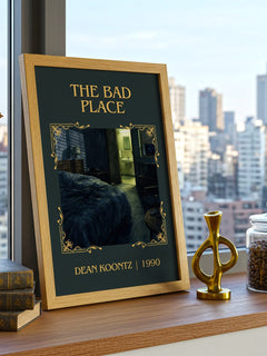 The Bad Place Classic Book Art Print by Dean Koontz – framed print on a city-view windowsill