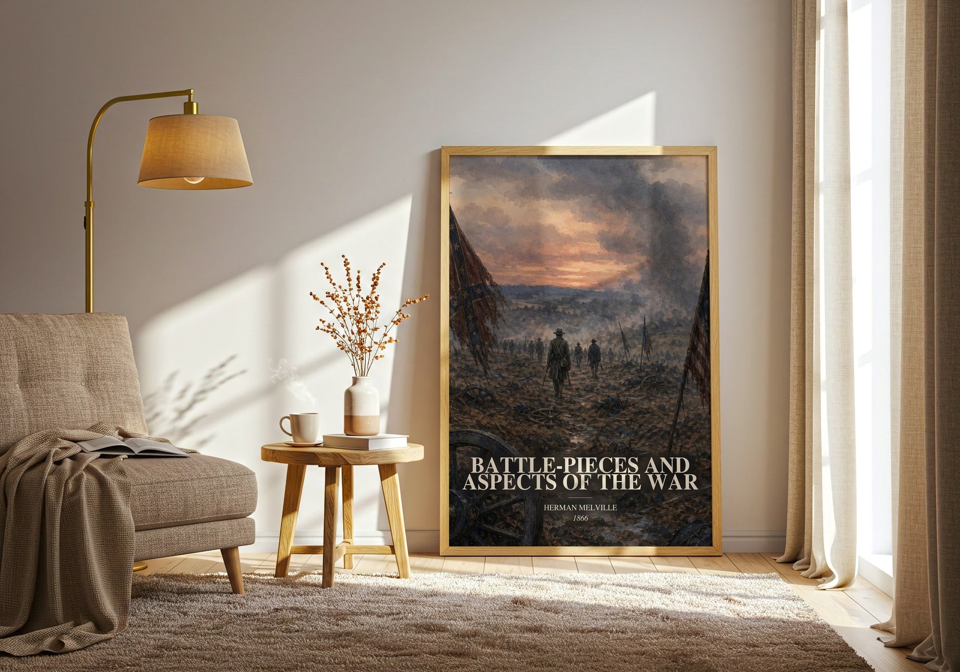Battle-Pieces And Aspects Of The War watercolour print in frame leaning in hallway – poetry wall art