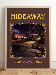 Hideaway Classic Book Art Print by Dean Koontz – framed print leaning on a wooden floor