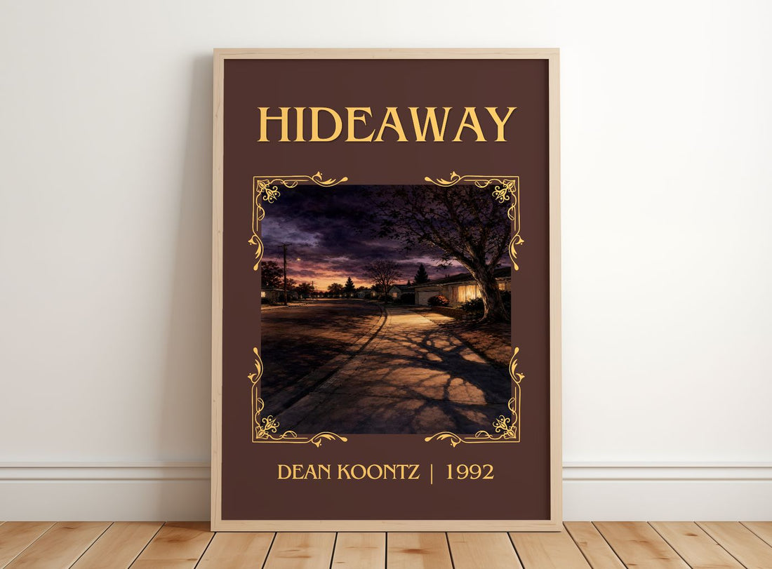Hideaway Classic Book Art Print by Dean Koontz – framed print leaning on a wooden floor