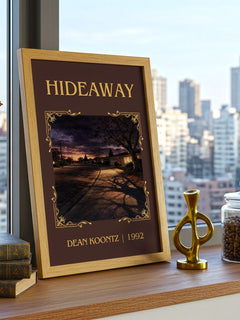 Hideaway Classic Book Art Print by Dean Koontz – framed print on a city-view windowsill