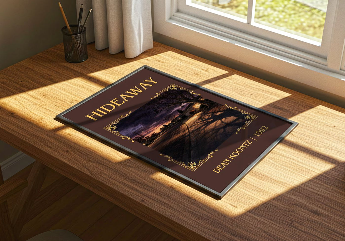 Hideaway Classic Book Art Print by Dean Koontz – print on a sunlit desk
