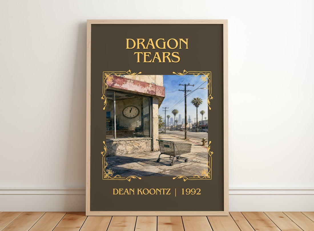 Dragon Tears Classic Book Art Print by Dean Koontz – framed print leaning on a wooden floor