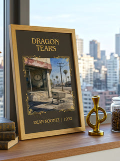 Dragon Tears Classic Book Art Print by Dean Koontz – framed print on a city-view windowsill