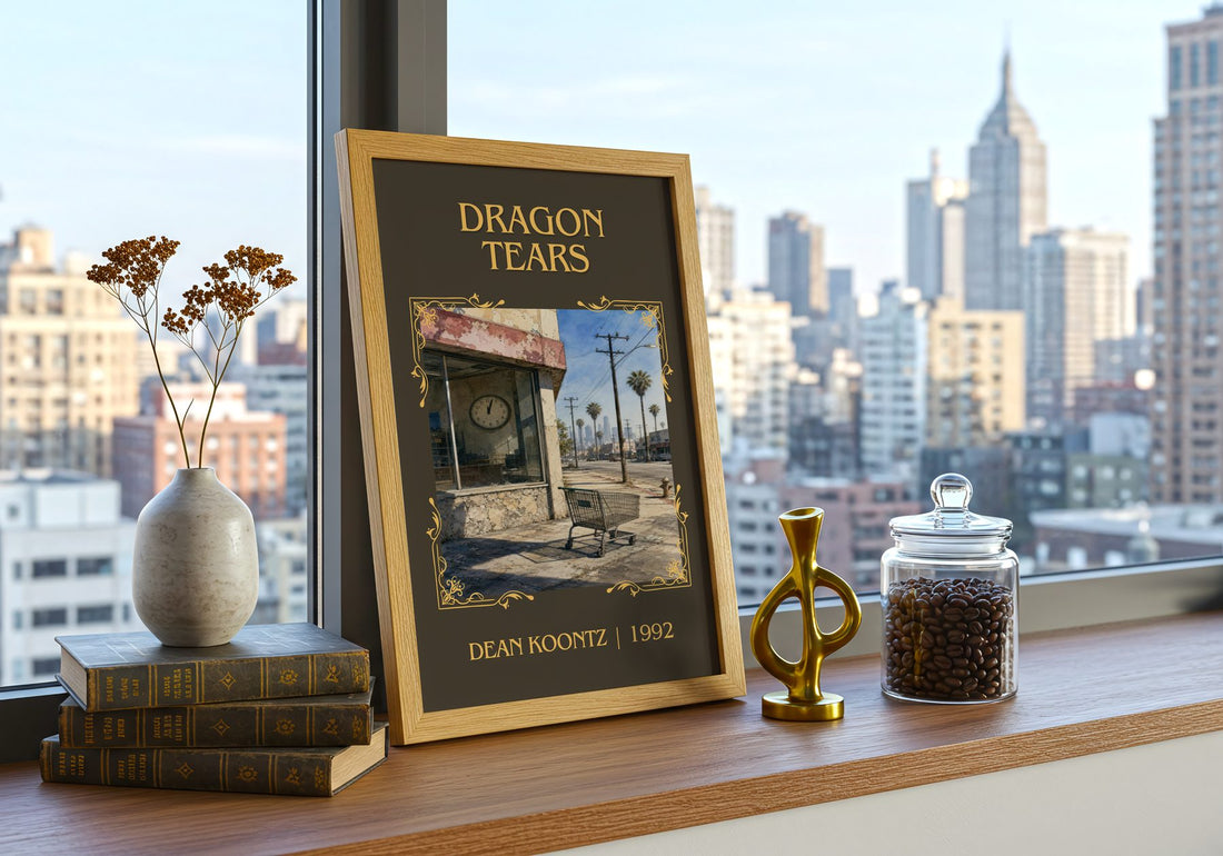 Dragon Tears Classic Book Art Print by Dean Koontz – framed print on a city-view windowsill