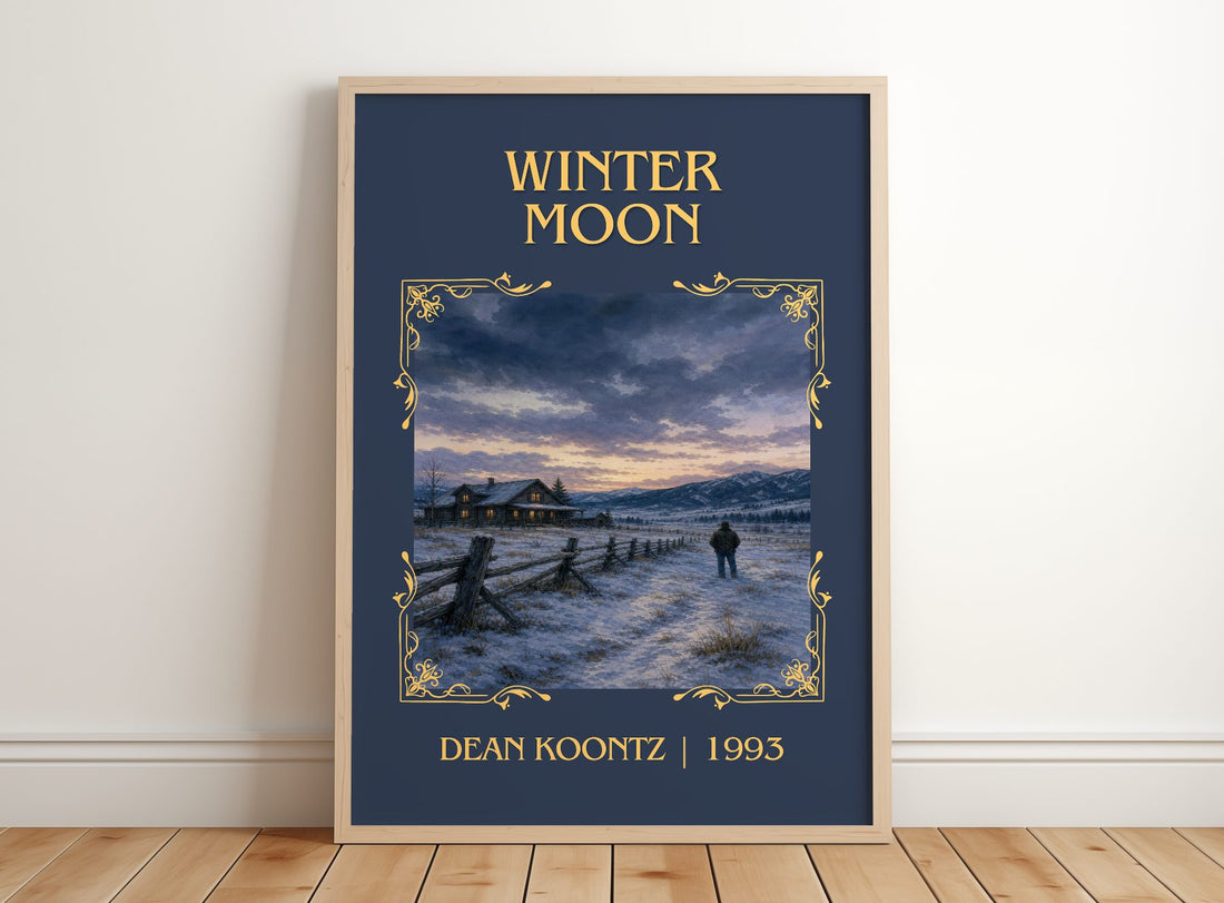 Winter Moon Classic Book Art Print by Dean Koontz – framed print leaning on a wooden floor