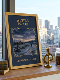 Winter Moon Classic Book Art Print by Dean Koontz – framed print on a city-view windowsill
