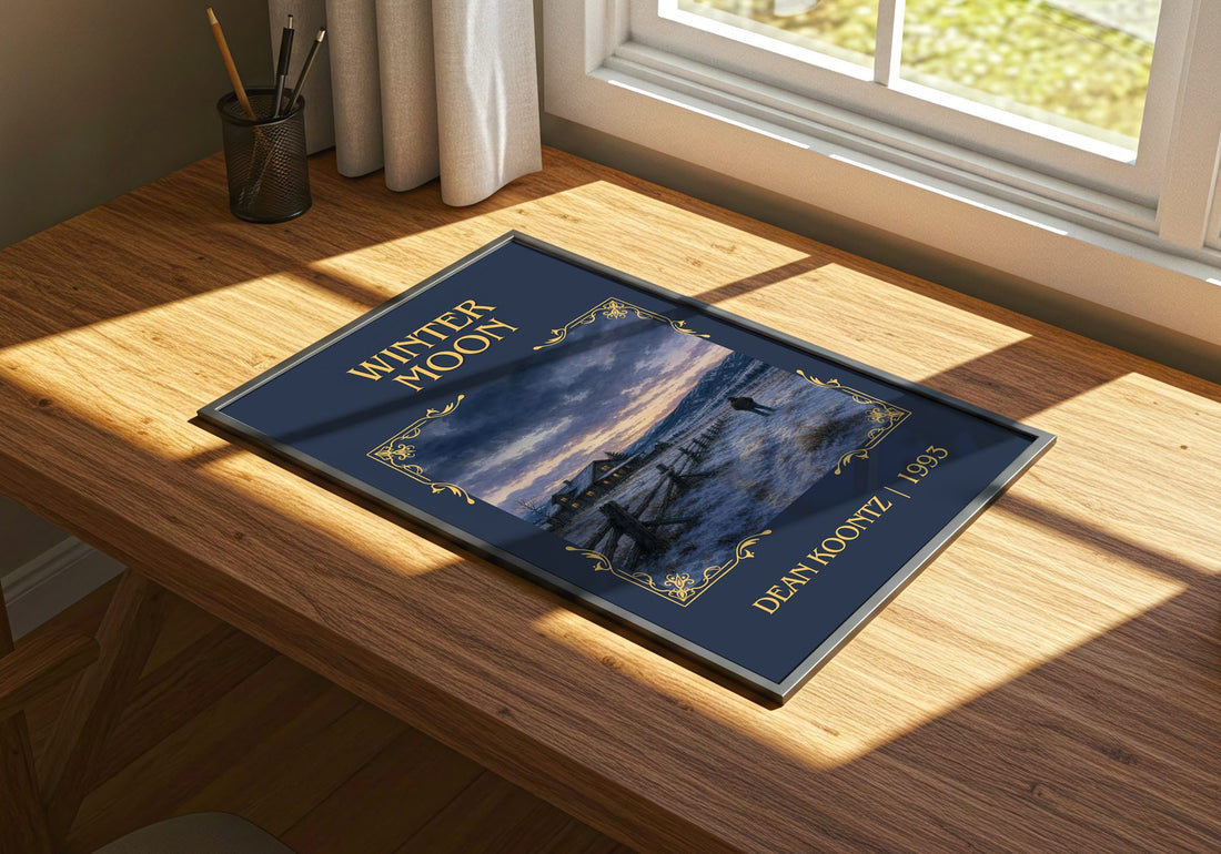 Winter Moon Classic Book Art Print by Dean Koontz – print on a sunlit desk