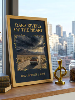 Dark Rivers of the Heart Classic Book Art Print by Dean Koontz – framed print on a city-view windowsill