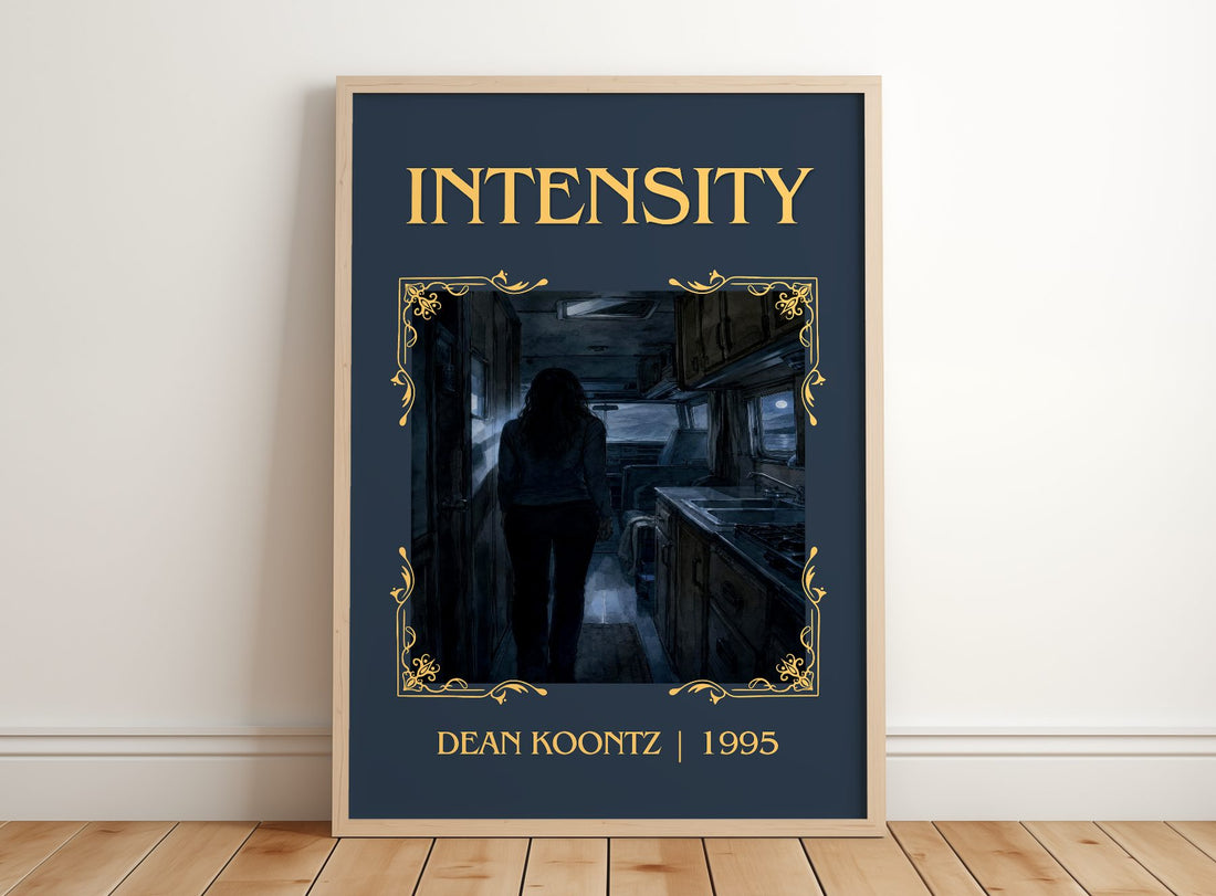 Intensity Classic Book Art Print by Dean Koontz – framed print leaning on a wooden floor