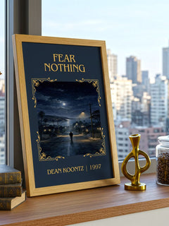 Fear Nothing Classic Book Art Print by Dean Koontz – framed print on a city-view windowsill