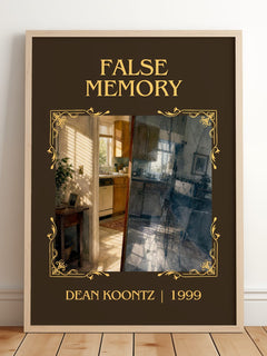 False Memory Classic Book Art Print by Dean Koontz – framed print leaning on a wooden floor