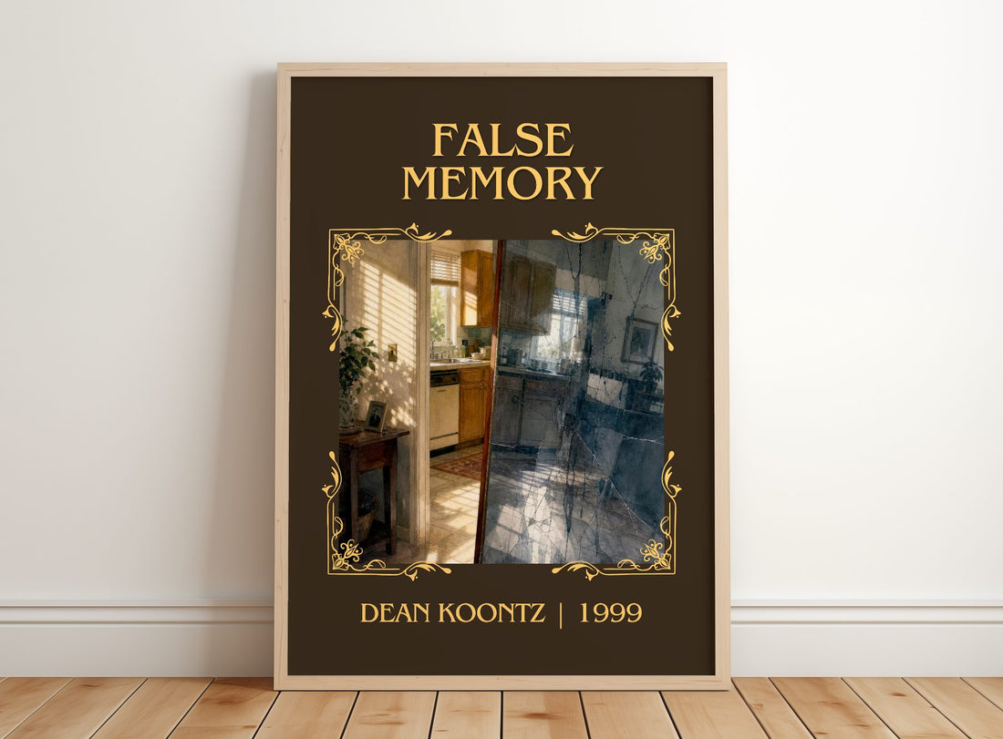 False Memory Classic Book Art Print by Dean Koontz – framed print leaning on a wooden floor