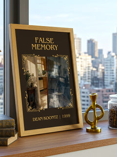 False Memory Classic Book Art Print by Dean Koontz – framed print on a city-view windowsill