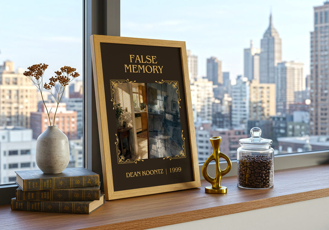 False Memory Classic Book Art Print by Dean Koontz – framed print on a city-view windowsill
