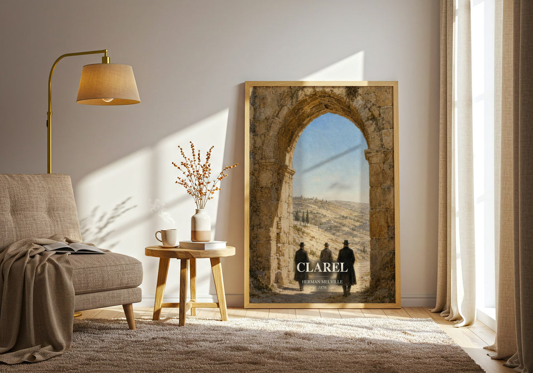 Clarel watercolour print in frame leaning in hallway – poetry wall art (mockup)