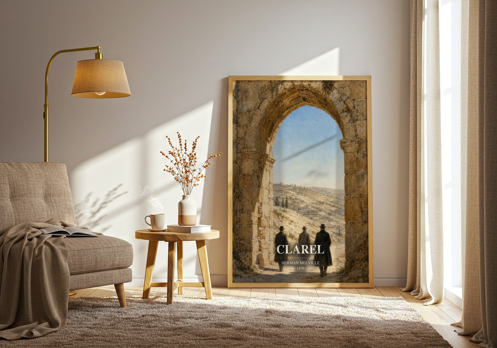 Clarel watercolour print in frame leaning in hallway – poetry wall art