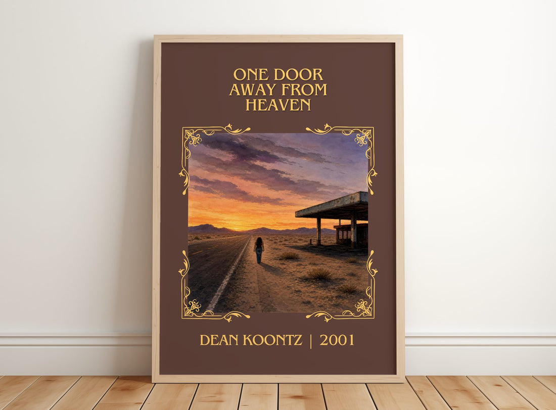 One Door Away from Heaven Classic Book Art Print by Dean Koontz – framed print leaning on a wooden floor
