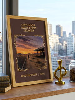 One Door Away from Heaven Classic Book Art Print by Dean Koontz – framed print on a city-view windowsill