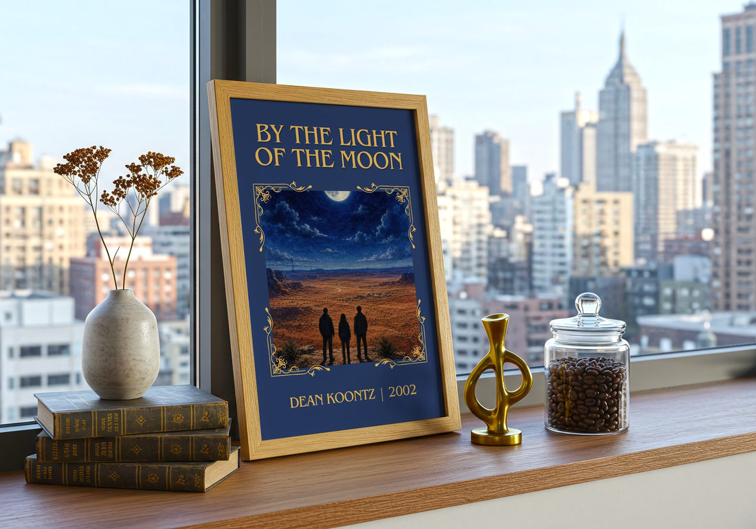 By the Light of the Moon Classic Book Art Print by Dean Koontz – framed print on a city-view windowsill