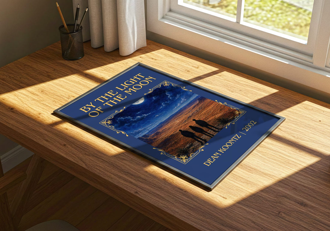 By the Light of the Moon Classic Book Art Print by Dean Koontz – print on a sunlit desk