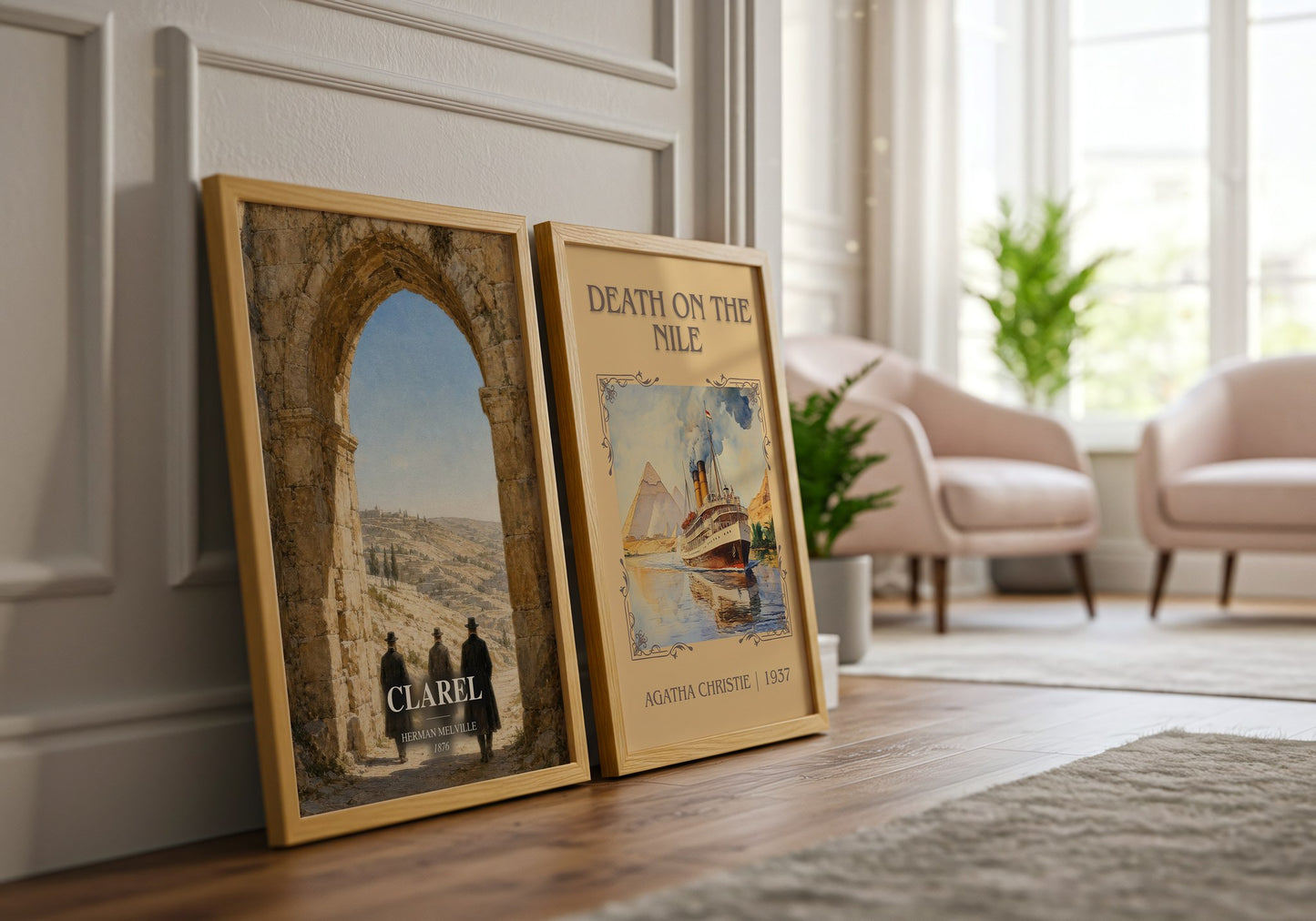Clarel watercolour print framed by window – literary home decor
