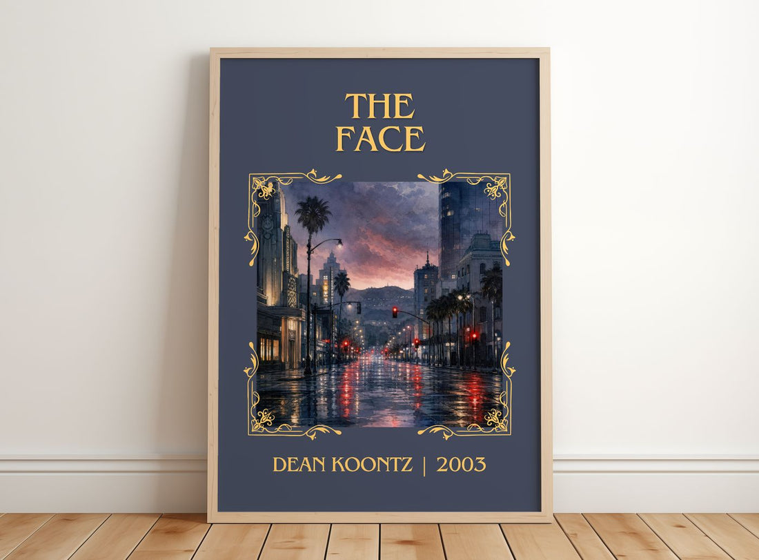 The Face Classic Book Art Print by Dean Koontz – framed print leaning on a wooden floor