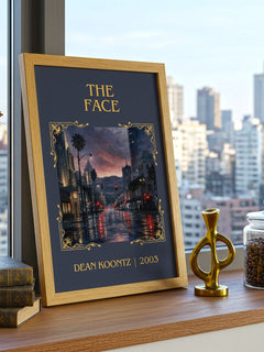 The Face Classic Book Art Print by Dean Koontz – framed print on a city-view windowsill