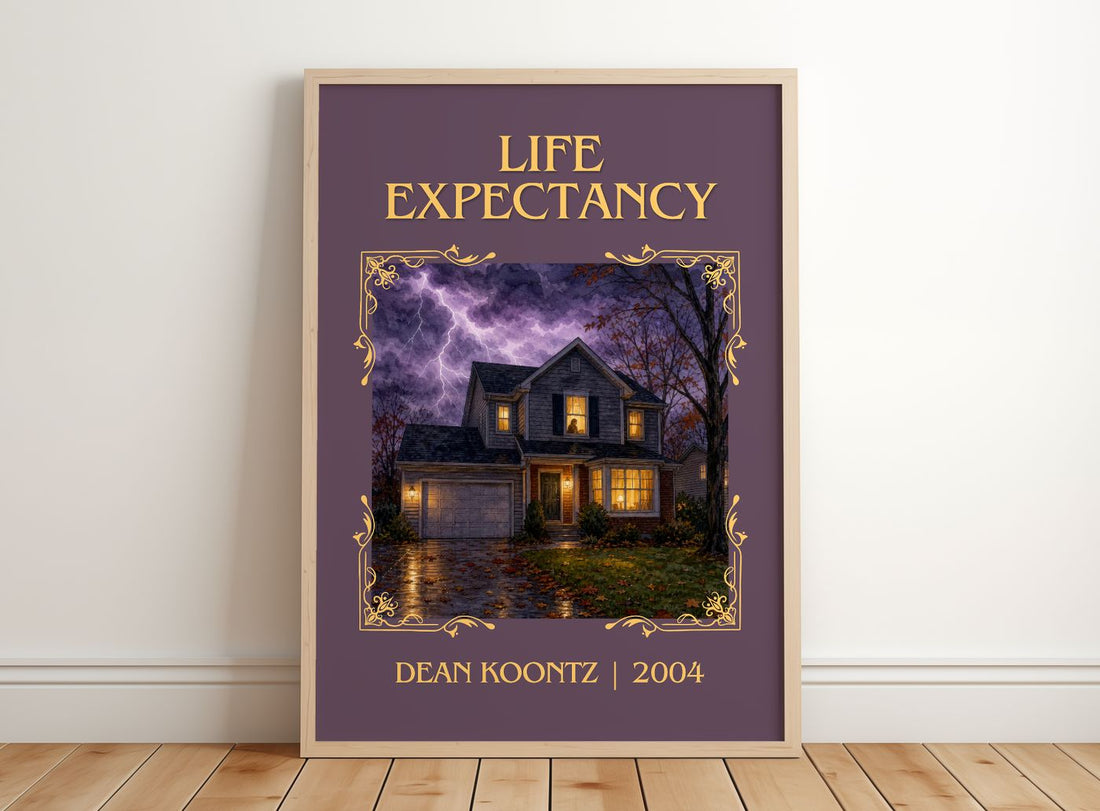 Life Expectancy Classic Book Art Print by Dean Koontz – framed print leaning on a wooden floor