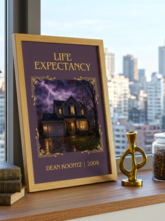 Life Expectancy Classic Book Art Print by Dean Koontz – framed print on a city-view windowsill