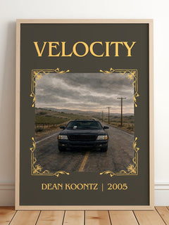 Velocity Classic Book Art Print by Dean Koontz – framed print leaning on a wooden floor