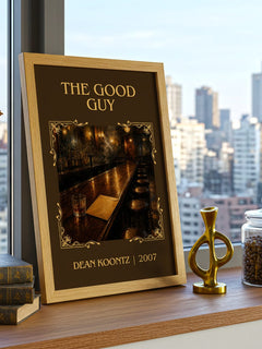 The Good Guy Classic Book Art Print by Dean Koontz – framed print on a city-view windowsill