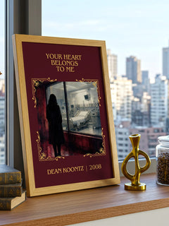 Your Heart Belongs to Me Classic Book Art Print by Dean Koontz – framed print on a city-view windowsill