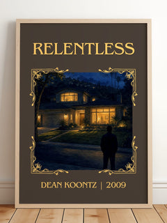 Relentless Classic Book Art Print by Dean Koontz – framed print leaning on a wooden floor