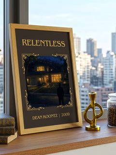 Relentless Classic Book Art Print by Dean Koontz – framed print on a city-view windowsill