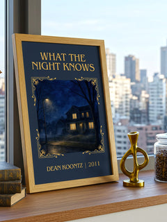 What the Night Knows Classic Book Art Print by Dean Koontz – framed print on a city-view windowsill