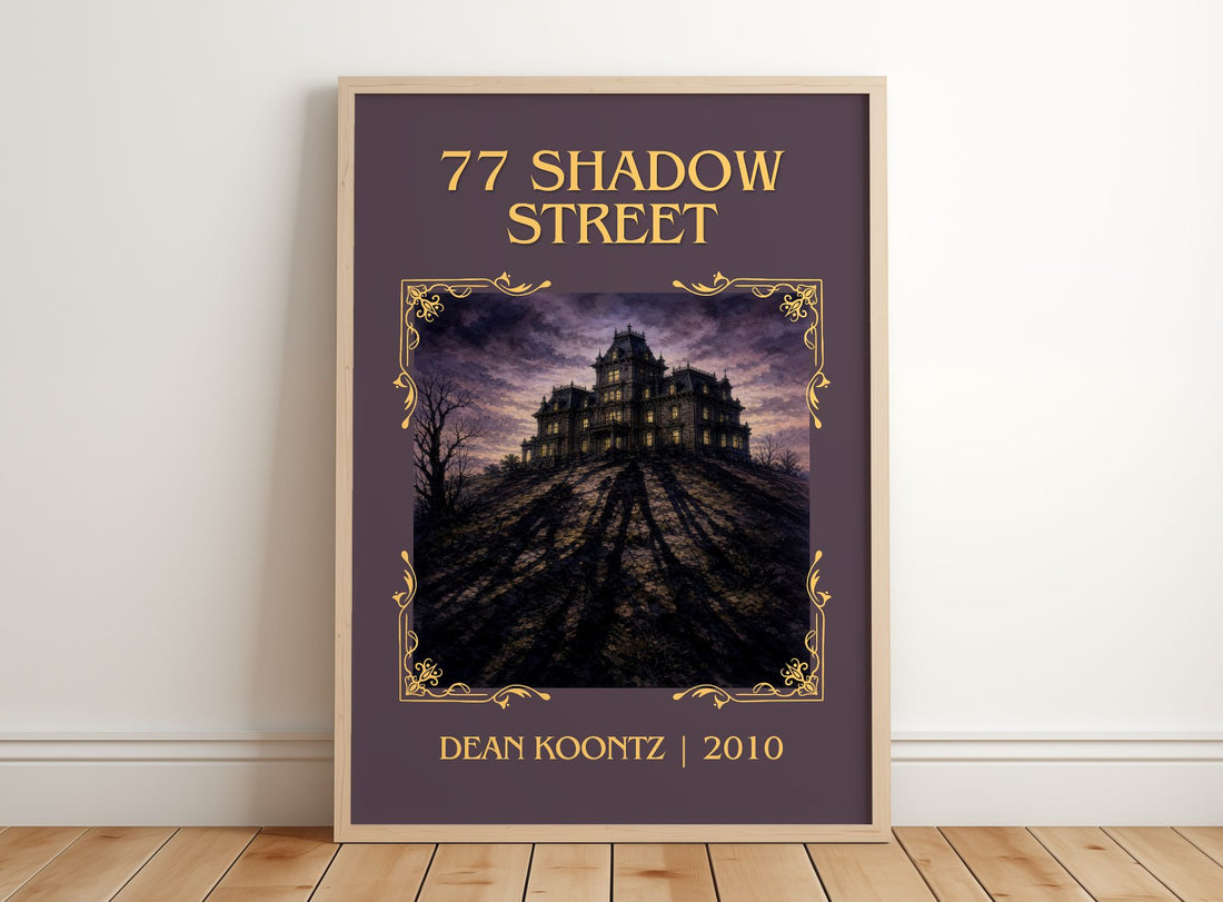 77 Shadow Street Classic Book Art Print by Dean Koontz – framed print leaning on a wooden floor