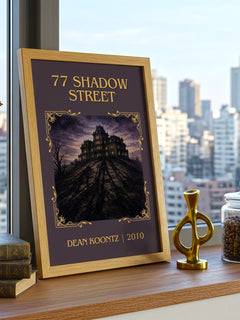 77 Shadow Street Classic Book Art Print by Dean Koontz – framed print on a city-view windowsill