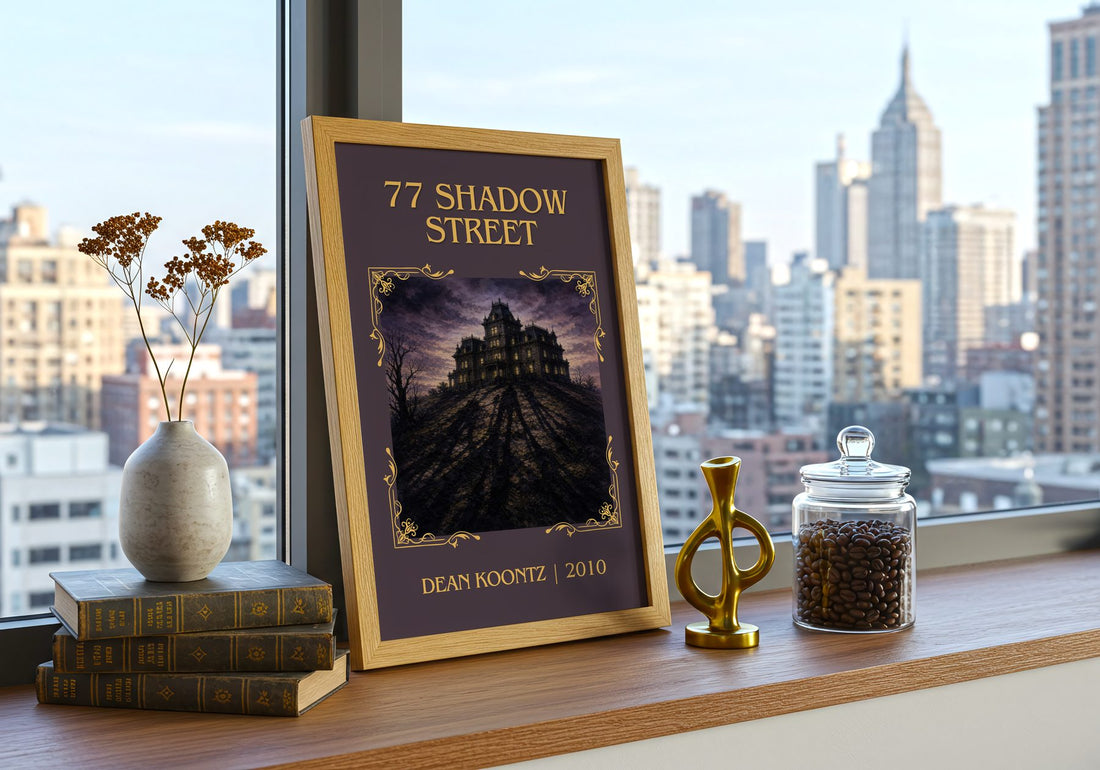 77 Shadow Street Classic Book Art Print by Dean Koontz – framed print on a city-view windowsill