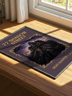 77 Shadow Street Classic Book Art Print by Dean Koontz – print on a sunlit desk