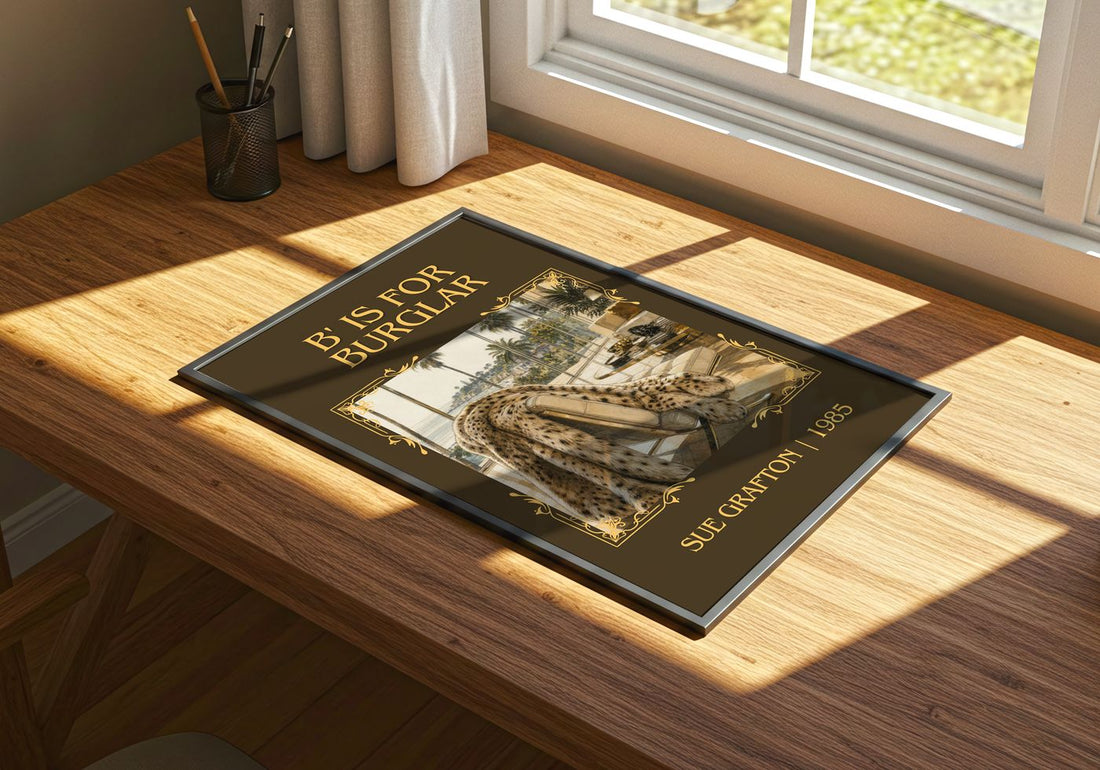 B' Is for Burglar Classic Book Art Print by Sue Grafton – print on a sunlit desk