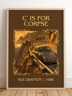 C' Is for Corpse Classic Book Art Print by Sue Grafton – framed print leaning on a wooden floor