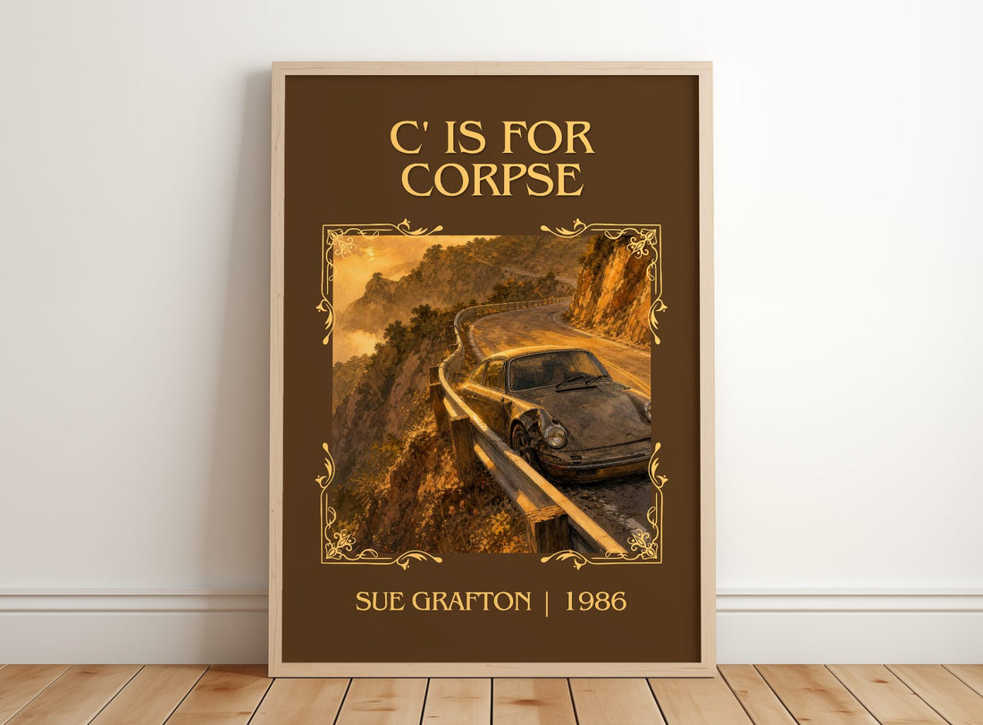 C' Is for Corpse Classic Book Art Print by Sue Grafton – framed print leaning on a wooden floor