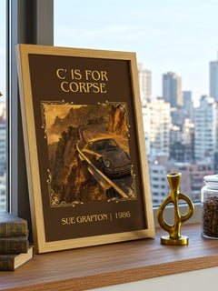 C' Is for Corpse Classic Book Art Print by Sue Grafton – framed print on a city-view windowsill