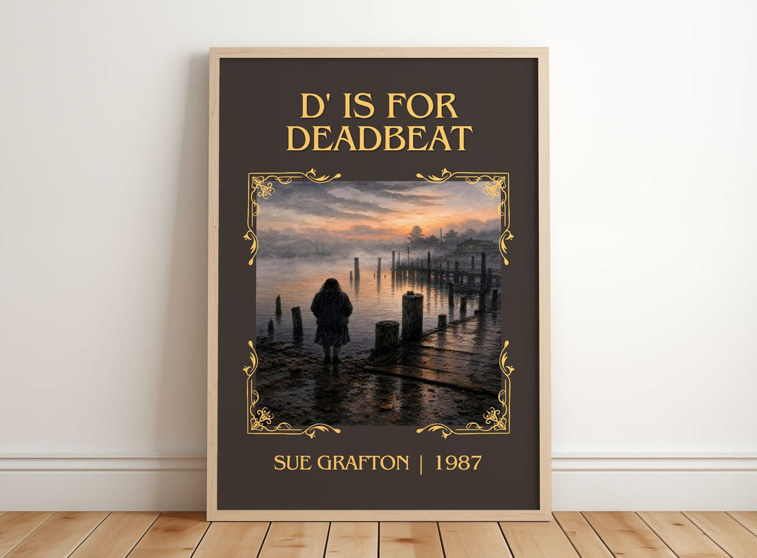 D' Is for Deadbeat Classic Book Art Print by Sue Grafton – framed print leaning on a wooden floor