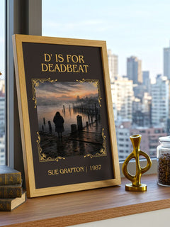 D' Is for Deadbeat Classic Book Art Print by Sue Grafton – framed print on a city-view windowsill
