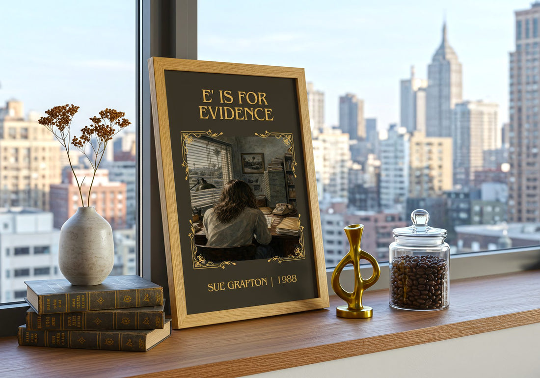 E' Is for Evidence Classic Book Art Print by Sue Grafton – framed print on a city-view windowsill
